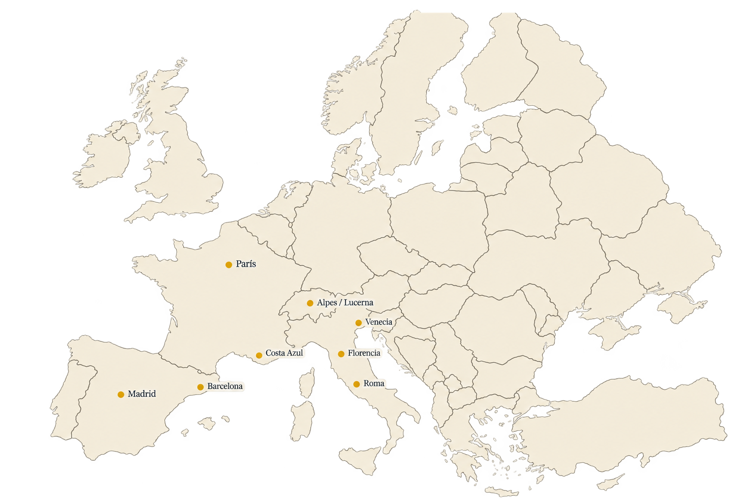 Mapa de Europa con los destinos del recorrido Luna Tours